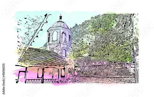 Building view with landmark of Monastery is the largest and most famous Eastern Orthodox monastery in Bulgaria. Watercolour splash with hand drawn sketch illustration in vector.