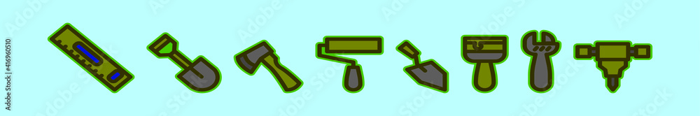 set of construction tools cartoon icon design template with various models. vector illustration isolated on blue background set of construction tools cartoon icon design template with various models. vector illustration isolated on blue background