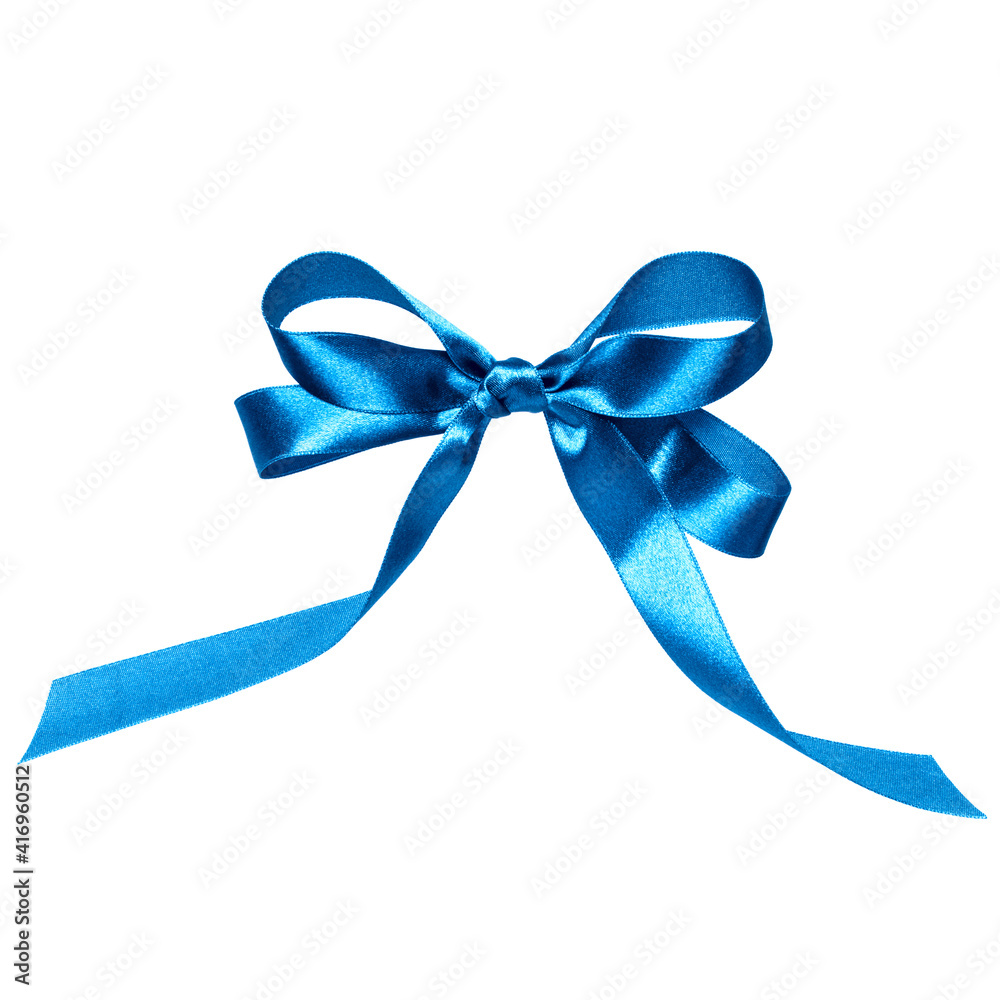 Shiny satin ribbon bow in blue color isolated on white background close up Shiny satin ribbon bow in blue color isolated on white background close up