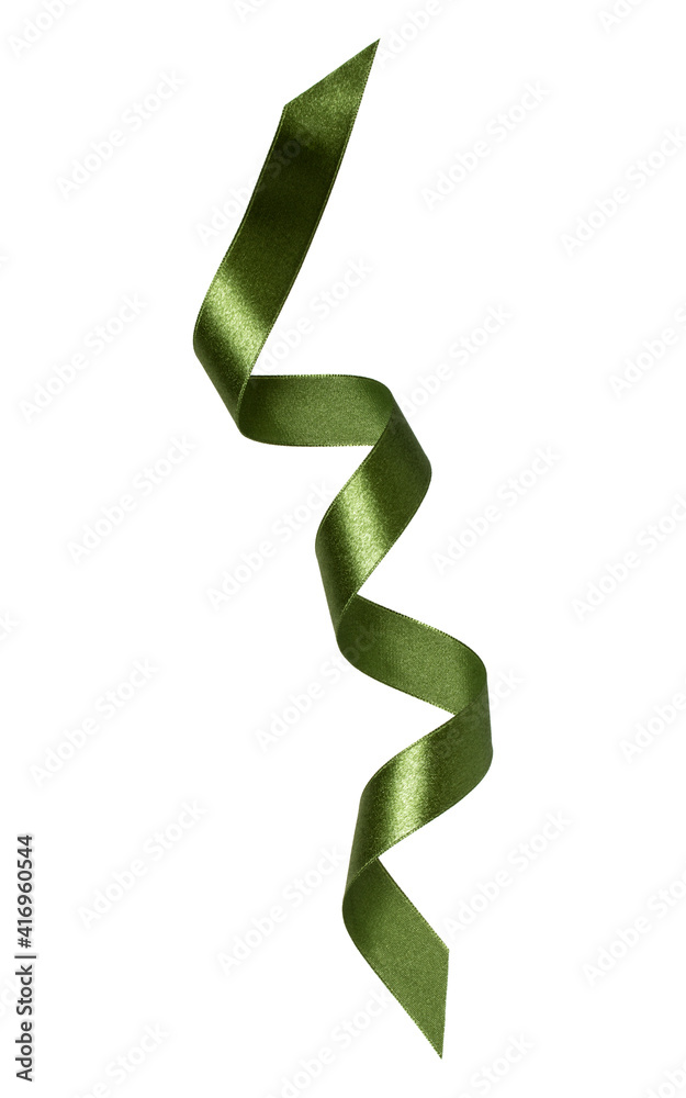 Shiny satin ribbon in green color isolated on white background close up Shiny satin ribbon in green color isolated on white background close up