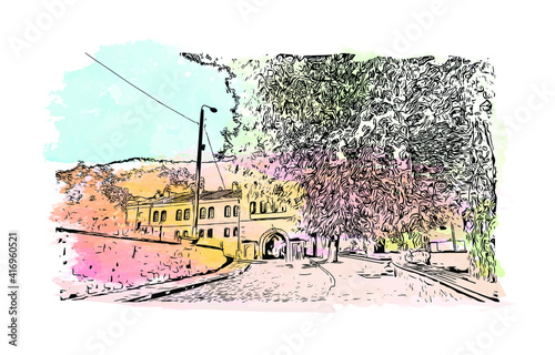 Building view with landmark of Monastery is the largest and most famous Eastern Orthodox monastery in Bulgaria. Watercolour splash with hand drawn sketch illustration in vector.