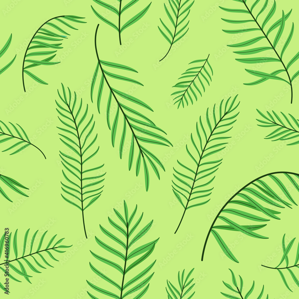 Trendy pattern with branch of green palm leaves. Vector flat illustration.