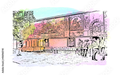Building view with landmark of Monastery is the largest and most famous Eastern Orthodox monastery in Bulgaria. Watercolour splash with hand drawn sketch illustration in vector.