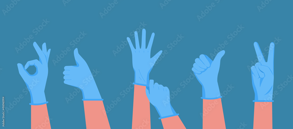 Fototapeta premium human hands wearing medical protective blue rubber gloves to protect against viruses and bacteria concept, vector flat illustration