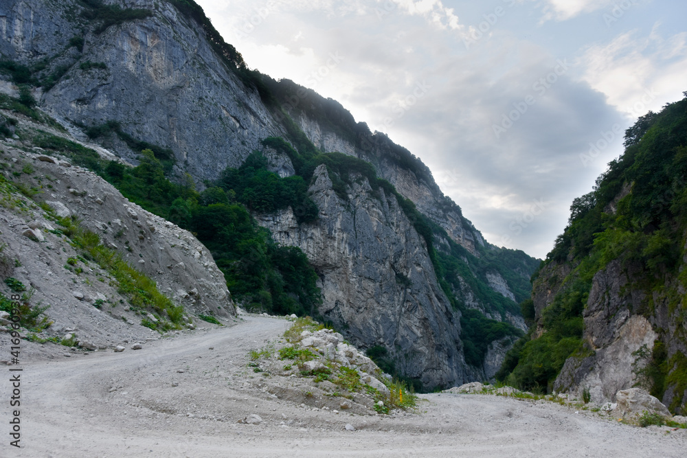 Dangerous mountain roads in the Dargav gorge. Republic of North Ossetia - Alania