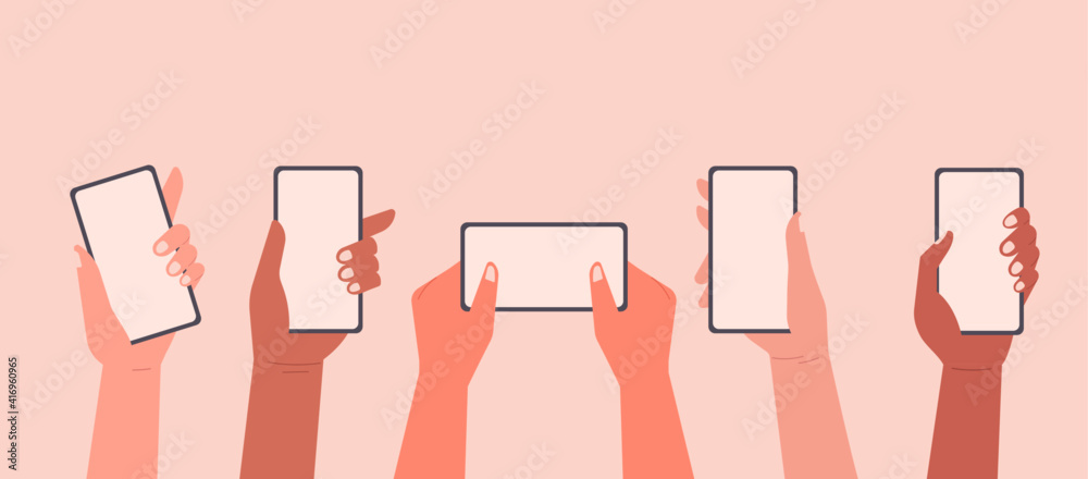 human hands holding phones with empty screens mock up, social network ...