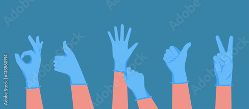 human hands wearing medical protective blue rubber gloves to protect against viruses and bacteria concept, vector flat illustration