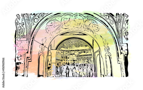 Building view with landmark of Monastery is the largest and most famous Eastern Orthodox monastery in Bulgaria. Watercolour splash with hand drawn sketch illustration in vector.