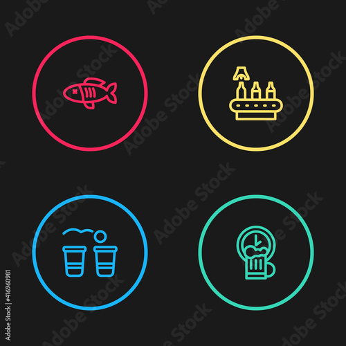 Set line Beer pong game, Happy hour, Conveyor band, beer and Dried fish icon. Vector.