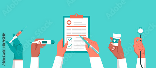 Doctor hands holding medical equipment working together and writing prescription to heal patient with syringe, thermometer, pill bottle, and stethoscope, vector flat illustration