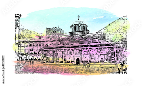 Building view with landmark of Monastery is the largest and most famous Eastern Orthodox monastery in Bulgaria. Watercolour splash with hand drawn sketch illustration in vector.