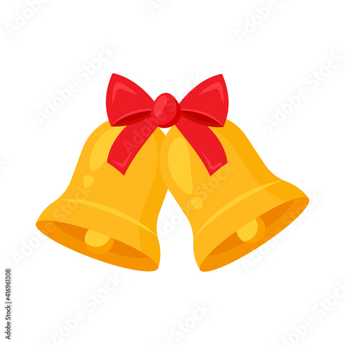 Golden Jingle bells and red ribbon.Concept  Merry Christmas, Happy New Yeur. Cartoon flat design. Vector illustration.