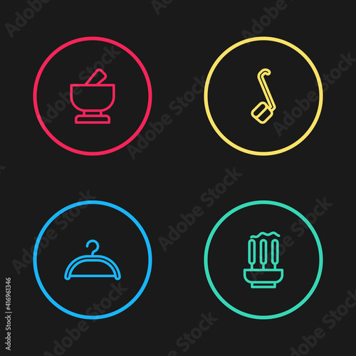 Set line Hanger wardrobe, Incense sticks, Sauna ladle and Mortar and pestle icon. Vector.