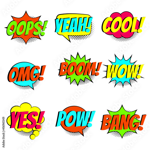Comic colorful speech bubles banners, oops, yeaha, cool, omg, boom, wow, yes,pow, bang, isolated on white background. Pop art retro drawing style. Vector illustration. 
