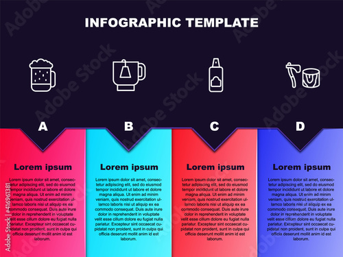 Set line Wooden beer mug, Cup of tea with tea bag, Spray can for hairspray and axe in stump. Business infographic template. Vector.