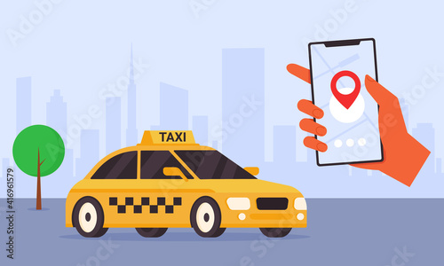 Coloful horisontal banner. Hand holding smartphone with taxi app, in the background, taxi car, cityscape. Mobile application for online cab booking. Cartoon flat design. Vector illustration.
