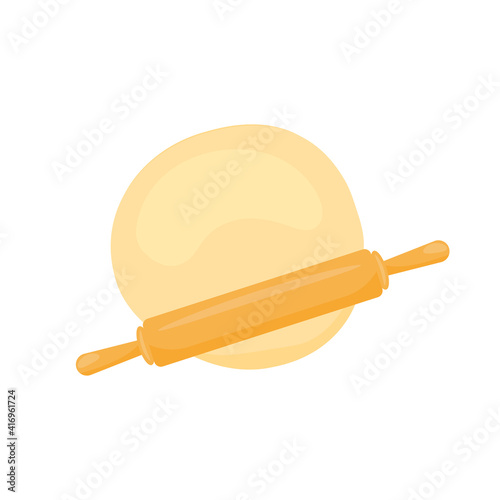 Rolling pin and dough for pizza, pita, bakery, isolated on white background. Cartoon flat design. Vector illustration.
