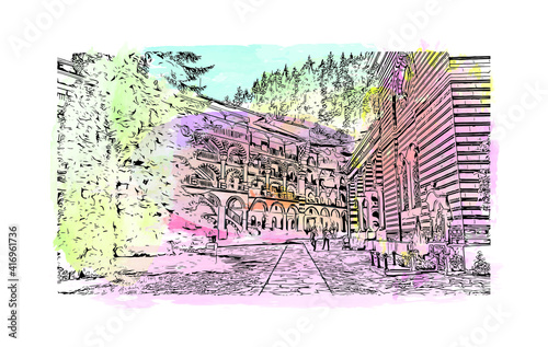 Building view with landmark of Monastery is the largest and most famous Eastern Orthodox monastery in Bulgaria. Watercolour splash with hand drawn sketch illustration in vector.