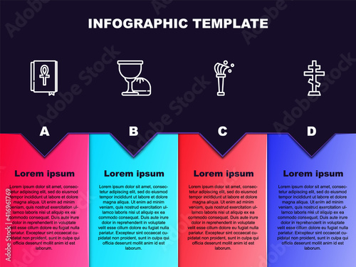 Set line Cross ankh book, Holy grail or chalice, Aspergillum and Christian cross. Business infographic template. Vector.