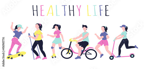 vector illustration - doodle on a sports theme. people are engaged in different sports - running, rollerblading, skate, bicycle, walking, scooter. trending flat illustration for magazines,web, app