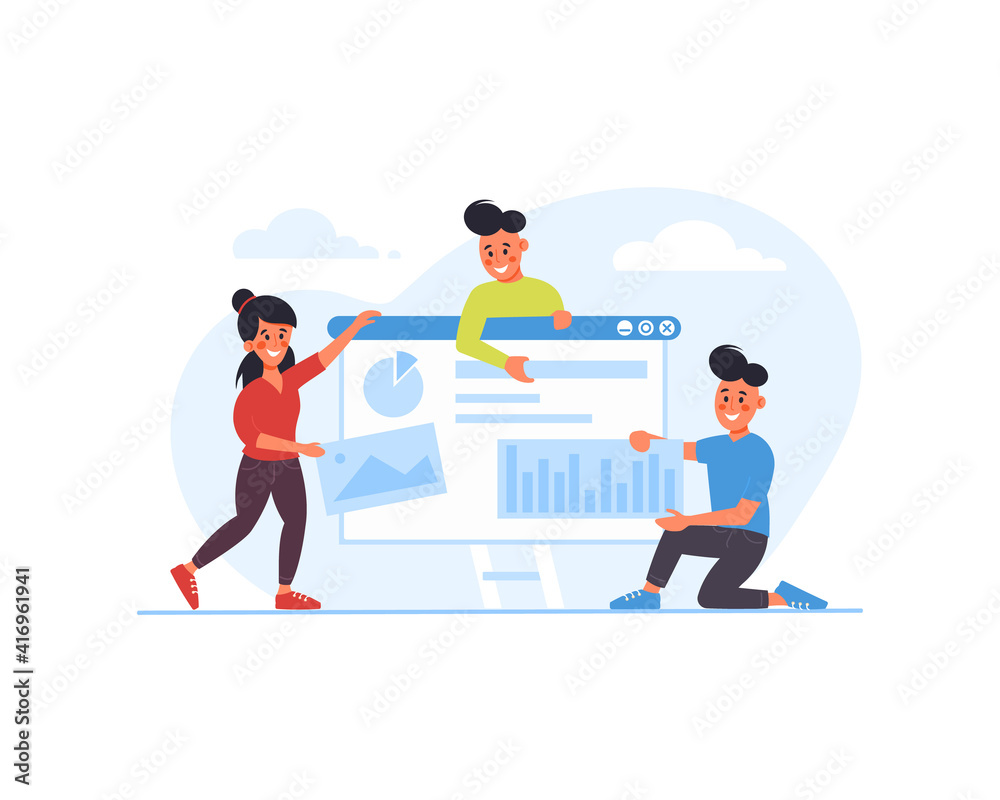 Team of web developers designs website, banner isolated on white background. Landing page template of social media marketing. Modern cartoon flat design. Vector illustration.