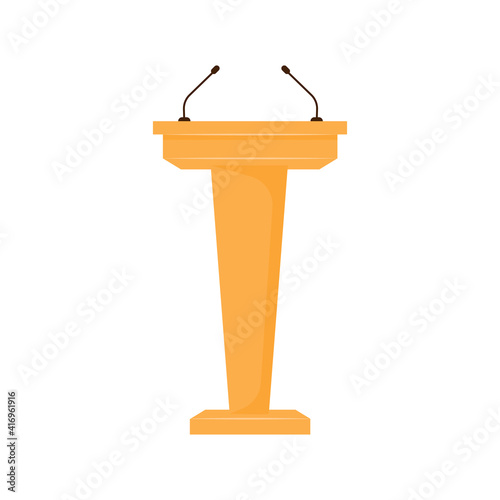 Wooden colorfool tribune and mocrophone for speaking interview. Conference Podium, icon isolated on white background. Cartoon flat design. Vector illustration. photo