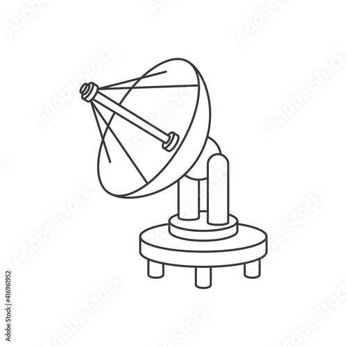 Line satellite dish antenna, black icon outline, isolated on white background.  Simple flat design. Vector illustration.