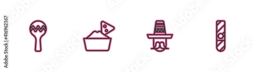 Set line Maracas, Mexican man sombrero, Nachos in bowl and Cigar icon. Vector.