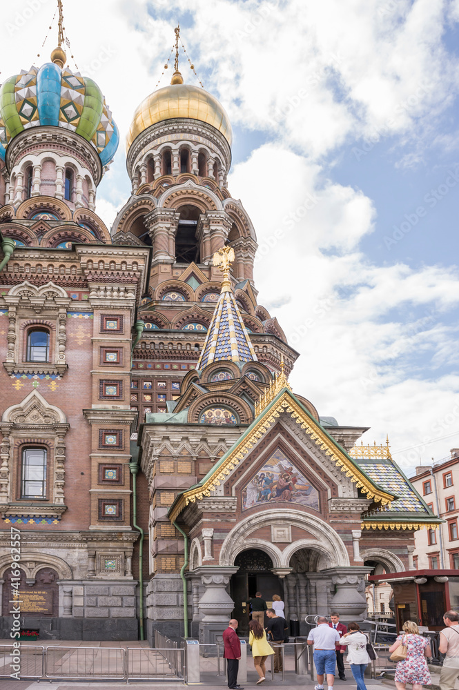 Tourists visit the Church of the Resurrection (Savior on Spilled Blood)