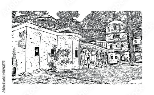 Building view with landmark of Monastery is the largest and most famous Eastern Orthodox monastery in Bulgaria. Hand drawn sketch illustration in vector.