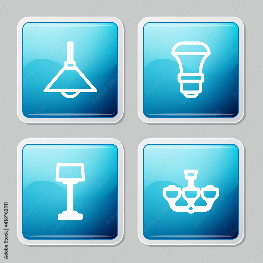 Set line Lamp hanging, LED light bulb, Floor lamp and Chandelier icon. Vector. Set line Lamp hanging, LED light bulb, Floor lamp and Chandelier icon. Vector.