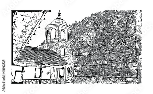 Building view with landmark of Monastery is the largest and most famous Eastern Orthodox monastery in Bulgaria. Hand drawn sketch illustration in vector.