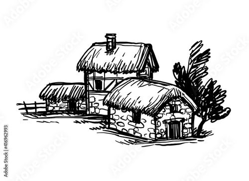 Ink sketch of old European country houses.