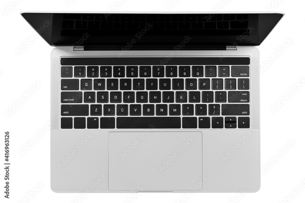 Top view of a modern generic silver laptop with a blank screen isolated on a white background. High resolution image. Top view of a modern generic silver laptop with a blank screen isolated on a white background. High resolution image.