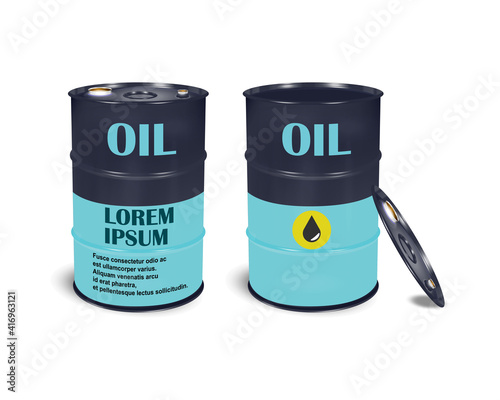 Barrel with a volume of 200 liters, black, glossy, metal. Container for liquid chemical products - oil, fuel, gasoline. Photorealistic vector packaging mockup template with sample design.