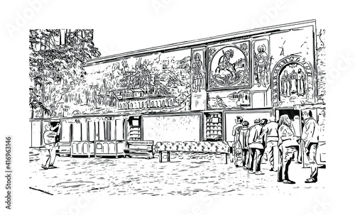 Building view with landmark of Monastery is the largest and most famous Eastern Orthodox monastery in Bulgaria. Hand drawn sketch illustration in vector.