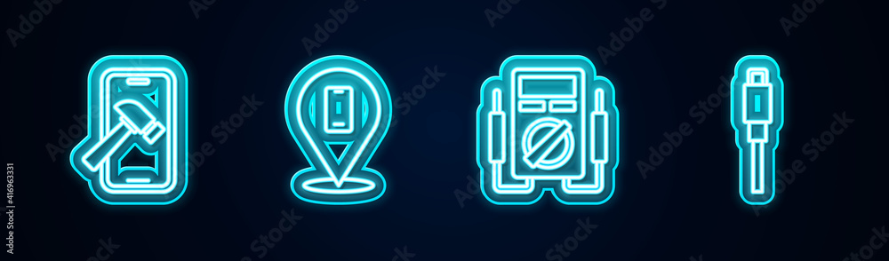 Set line Mobile with broken screen, Phone repair service, Multimeter and USB cable cord. Glowing neon icon. Vector. Set line Mobile with broken screen, Phone repair service, Multimeter and USB cable cord. Glowing neon icon. Vector.