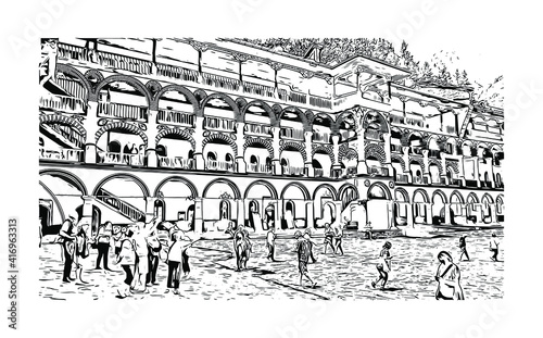 Building view with landmark of Monastery is the largest and most famous Eastern Orthodox monastery in Bulgaria. Hand drawn sketch illustration in vector.