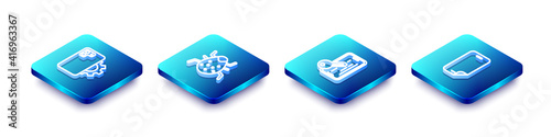 Set Isometric line Phone repair service, System bug, Glass screen protector and icon. Vector.