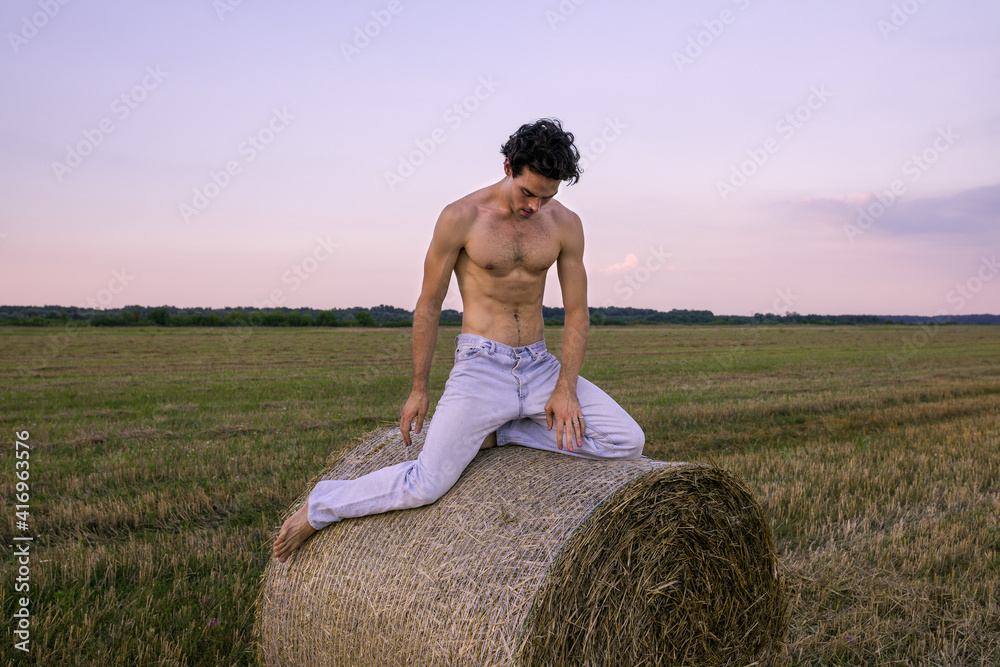 Handsome shirtless young man sitting on haystack, looking down Handsome shirtless young man sitting on haystack, looking down