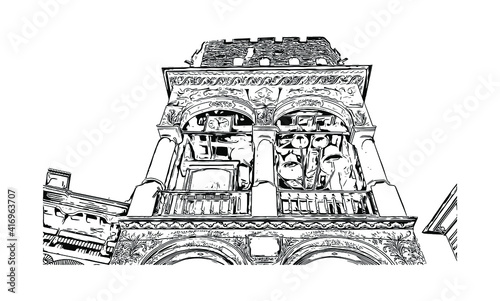 Building view with landmark of Monastery is the largest and most famous Eastern Orthodox monastery in Bulgaria. Hand drawn sketch illustration in vector.