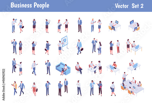 Isomeric business people big vector set. Business men and women. Teamwork, cooperation, coworking. Workspace. Vector characters isolated on white background..