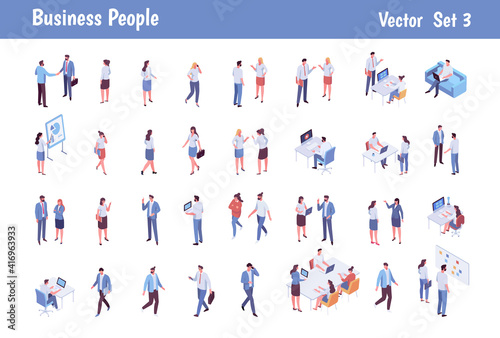 Isomeric business people big vector set. Business men and women. Teamwork, cooperation, coworking. Workspace. Vector characters isolated on white background..