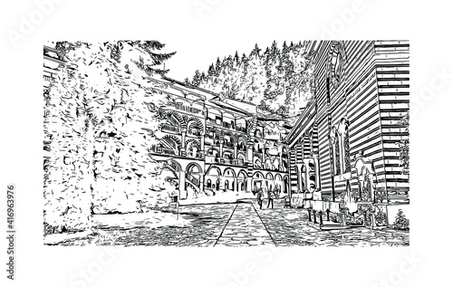 Building view with landmark of Monastery is the largest and most famous Eastern Orthodox monastery in Bulgaria. Hand drawn sketch illustration in vector.