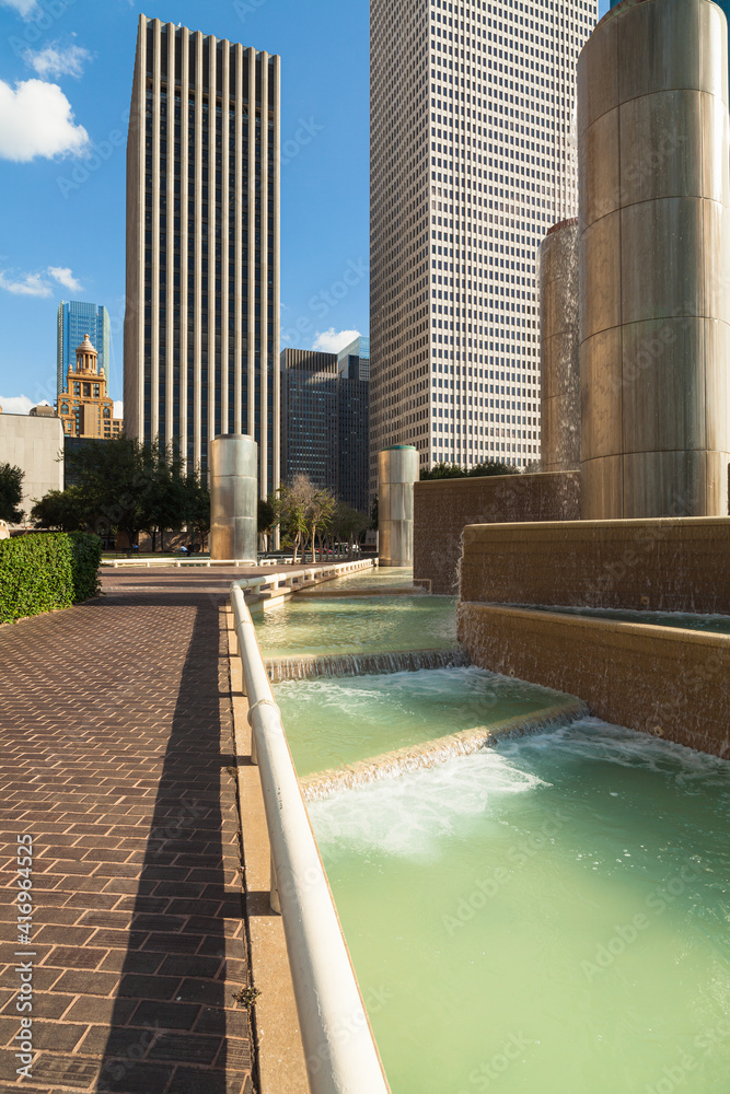 Cityscape view of Tranquility Park in downtown Houston, Texas