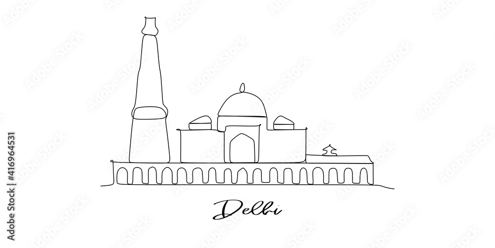 Delhi city of India landmarks skyline - Continuous one line drawing