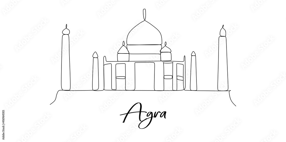 Agra city of India landmarks skyline - Continuous one line drawing