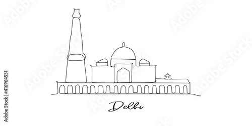 Delhi city of India landmarks skyline - Continuous one line drawing