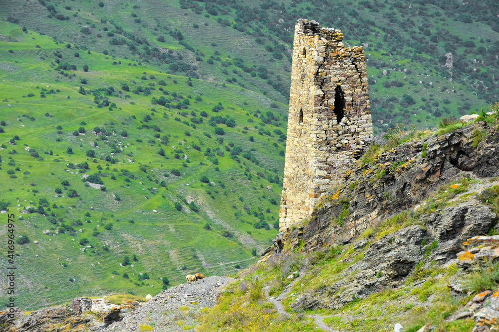 The ancient abandoned village of Tsmiti in the Kurtatinsky gorge in the mountains of the North Caucasus. Republic of North Ossetia - Alania The ancient abandoned village of Tsmiti in the Kurtatinsky gorge in the mountains of the North Caucasus. Republic of North Ossetia - Alania