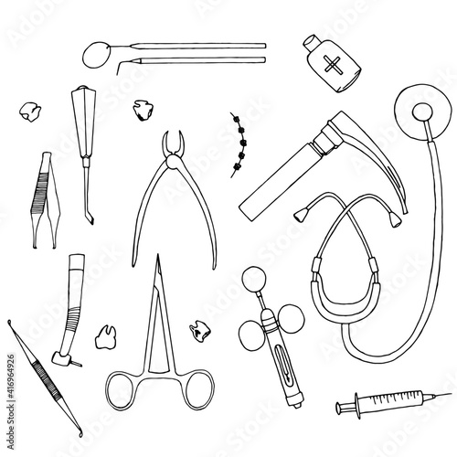 Medical instruments, dental: ironing machine, Matthew clamp, Mosquito clamp, probe, mirror, teeth, braces, fillings. Anesthesiology: laryngoscope, stethoscope, syringe, medicine. Isolated vector.